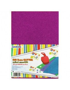 Foam in gomma Nikoffice EVA formato A4 colori assortiti glitterato adesivo - conf. 10 fogli - 23NIK133