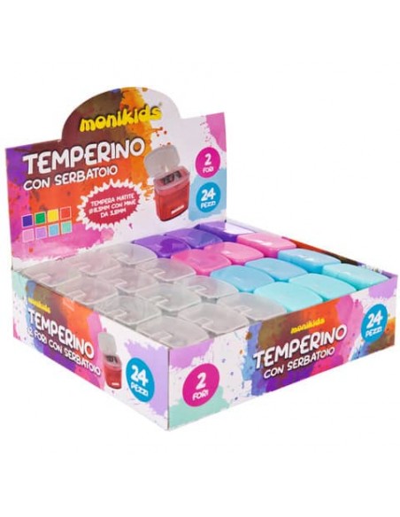 Espositore 24 temperamatite a 2 fori con serbatoio Nikoffice colori pastello assortiti - 12NIK024