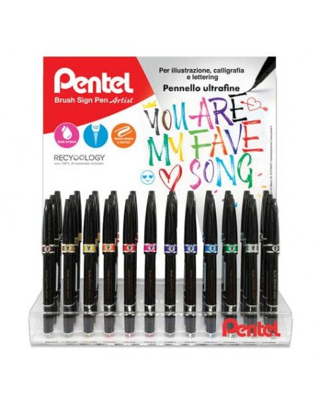 Espositore da banco 48 pennarelli Pentel brush sign pen artist - colori assortiti - 0022152