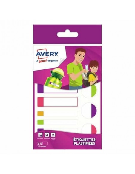 Etichette Avery plastificabili resistenti per materiale scolastico 3 formati - conf. 24 pz - colori fluo -