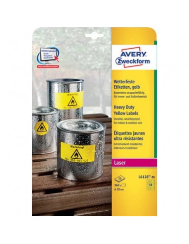 Etichette permanenti poliestere giallo Avery Ø 30 mm - 48 et/foglio - per stampanti laser - cf. 20 fogli L6128-20