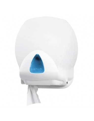 Distributore mini di carta igienica jumbo Hylab in ABS con capacità max Ø 20 cm bianco con vetrino blu IN-TO2/WS