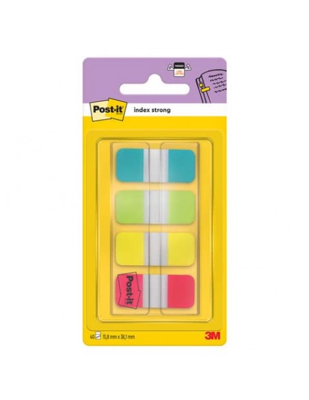 Segnapagina removibili Post-it® Index Strong Mini con dispenser - 4 blocchetti da 10 ff - turchese-lime-giallo-rosso