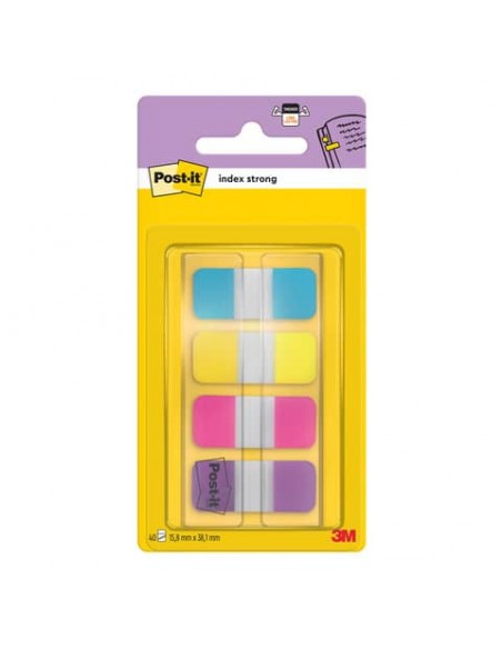 Segnapagina removibili Post-it® Index Strong Mini con dispenser - 4 blocchetti da 10 ff - turchese-giallo-rosa-viola