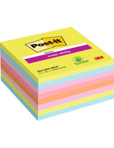 Foglietti Post-it® Super-Sticky Notes 76x76 mm assortiti arcobaleno - conf. 8 blocchetti da 45 ff - 654-8SS-RBW-EU