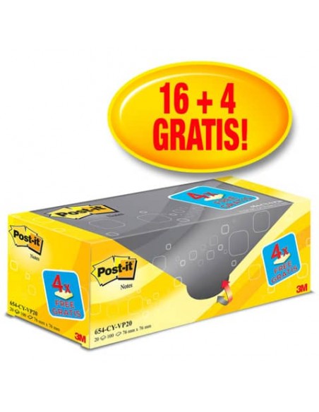 Foglietti riposizionabili Post-it® Notes giallo Canary™ 76x76 mm Value Pack 16+4 blocchetti GRATIS - 654-VP20
