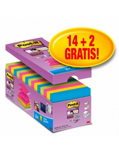 Foglietti Post-it® Super Sticky Z-notes assortiti conf. 14 blocchetti + 2 gratis da 100 ff - R330-SS-VP16-EU