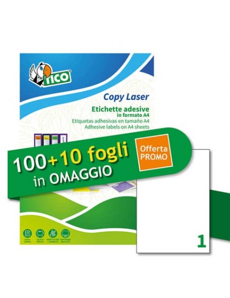 Etichette bianche adesive permanenti Tico laser/inkjet 1 et./foglio conf. 100+10 ff OMAGGIO 210x297 mm