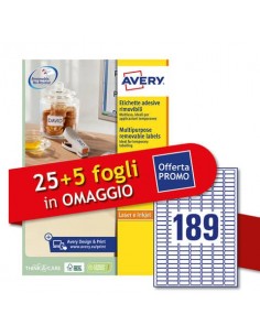 Etichette bianche rimovibili Avery laser/inkjet 189 et./foglio conf.25+5 ff OMAGGIO 25