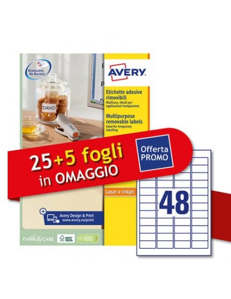 Etichette bianche rimovibili Avery laser/inkjet 48 et./foglio conf.25+5 ff OMAGGIO 45