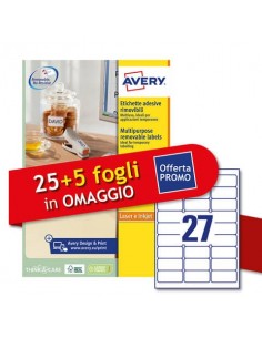 Etichette bianche rimovibili Avery laser/inkjet 27 et./foglio conf.25+5 ff OMAGGIO 63