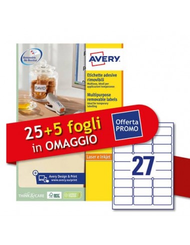 Etichette bianche rimovibili Avery laser/inkjet 27 et./foglio conf.25+5 ff OMAGGIO 63