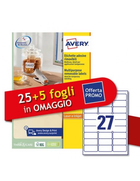 Etichette bianche rimovibili Avery laser/inkjet 27 et./foglio conf.25+5 ff OMAGGIO 63