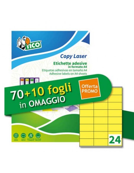 Etichette giallo fluorescente permanenti Tico laser/inkjet 24 et./foglio conf. 100+10 ff OMAGGIO 70x36 mm - LP4FG-7036P