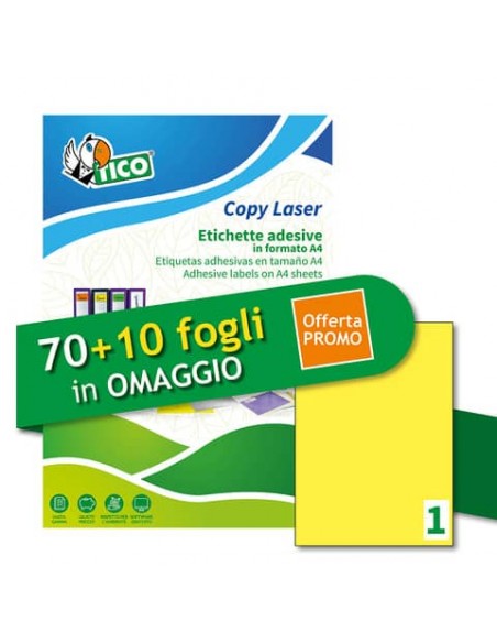 Etichette giallo fluorescente permanenti Tico laser/inkjet 1 et./foglio conf. 70+10 ff OMAGGIO 210x297 mm