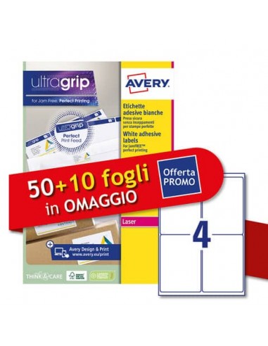 Etichette bianche Avery Ultragrip & Jamfree™ adesivo permanente laser 4 et./foglio conf. 50+10 ff OMAGGIO
