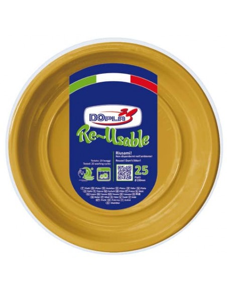 Piatti fondi in polistirene Dopla Reusable oro conf. 25 pz Ø 205 mm 11859