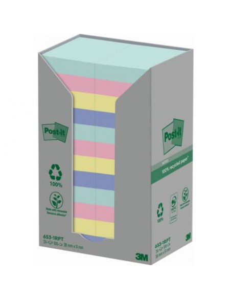 Foglietti Post-it® Notes in carta riciclata assortiti pastello conf. Torre da 24 blocchetti da 100 ff - 653-1RPTN
