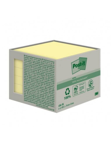 Foglietti riposizionabili Post-it® Notes carta riciclata Giallo Canary™ - 76x76 mm - 6 blocchetti da 100 ff - 654-1B