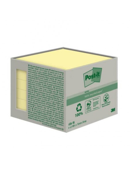 Foglietti riposizionabili Post-it® Notes carta riciclata Giallo Canary™ - 76x76 mm - 6 blocchetti da 100 ff - 654-1B
