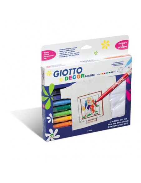 Pennarelli per tessuti GIOTTO Decor Textile tratto fine 1-3 mm assortiti astuccio da 8 + t-shirt bianca - 494500