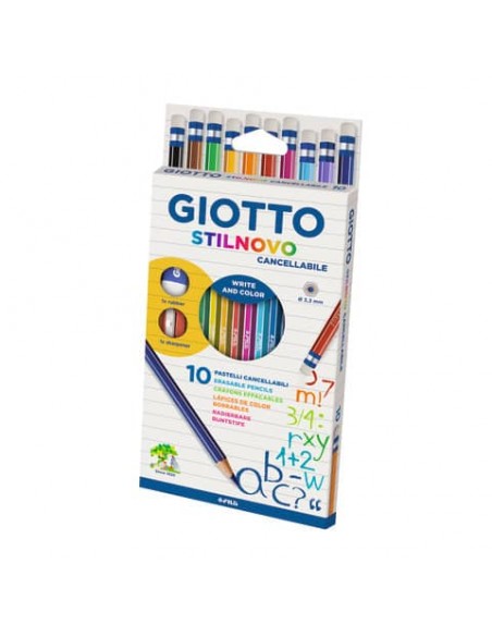 Matite colorate GIOTTO Stilnovo Cancellabile assortiti-astuccio da 10 con maxigomma e temperino - 25680000
