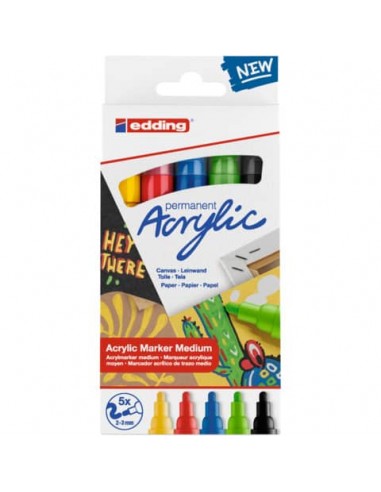 Marcatori acrilici Edding 5100 - punta tonda 2-3 mm tratto medio - assortiti - Conf. 5 pz - E-5100/5S 000