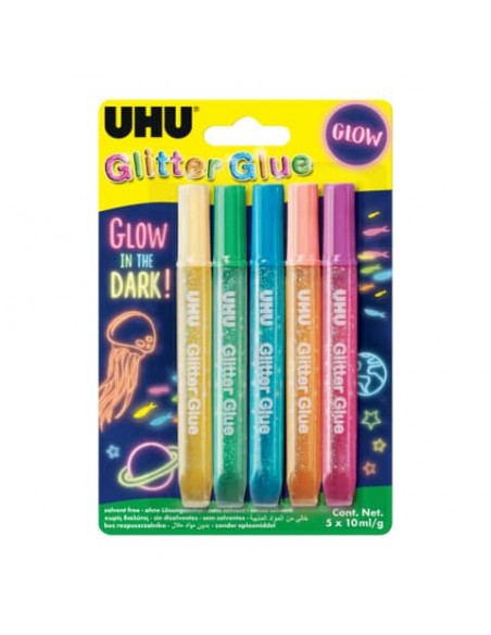 Colla Glitter Uhu Glow in the dark -10 ml - colori assortiti - Confezione da 5 pezzi - 48211