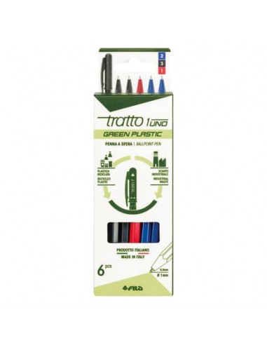 Penna a sfera Tratto 1 Green Plastic - conf. 6 pezzi in 3 colori assortiti - F04010000