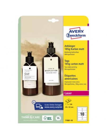 Cartellini rettangolari micro-perforati Avery in cartoncino da 185 g in conf. da 150 pz 80x50 mm - T1002-10