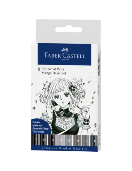 Penna inchiostro pigmentato Faber Castell Pitt Artist conf. 8 pezzi - Manga set grigio - 167107