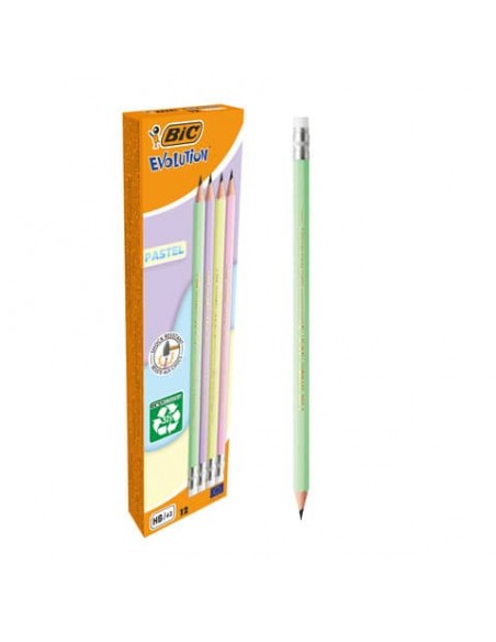 Matita Evolution BIC Pastel - conf. 12 pezzi - colori assortiti - con gommino - 518306