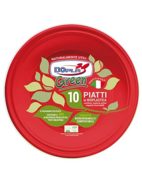Piatti in mater-bi Dopla Green Ø220 mm rossi fondi - conf. 10 pz - 40049