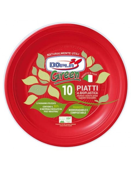 Piatti in mater-bi Dopla Green Ø220 mm rossi piani - conf. 10 pz - 40048