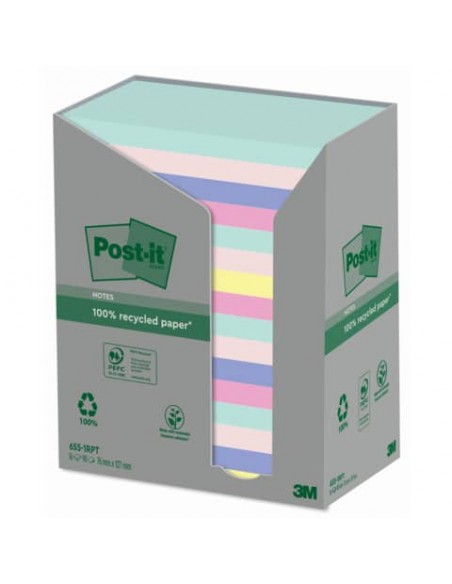 Foglietti Post-it® Notes 76x127 mm carta riciclata assortiti conf. torre da 16 blocchetti da 100 ff - 655-1RPT