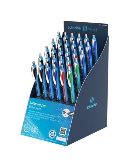 Espositore 30 penne a sfera a scatto ricaricabili Schneider Slider Rave tratto XB - 4 colori assortiti - P304022