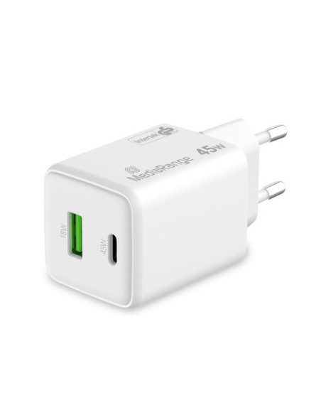 Caricabatterie rapido GaN 43W con uscita USB-A e USB-C Media Range bianco MRMA113-2