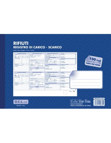 Registro carico-scarico rifiuti O.C.L. - conf. 10 blocchi - carta usomano 1-100 fogli 31x21 cm - 0437