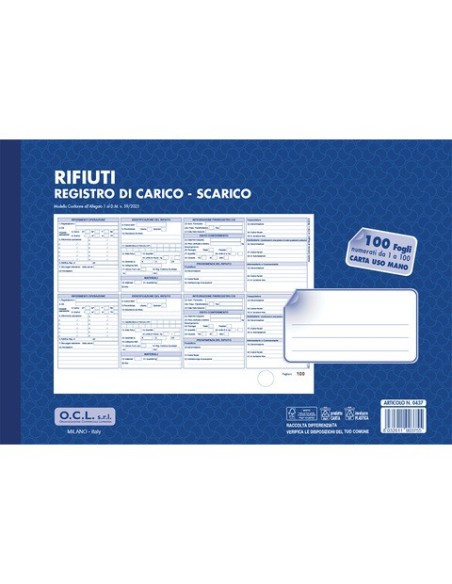 Registro carico-scarico rifiuti O.C.L. - conf. 10 blocchi - carta usomano 1-100 fogli 31x21 cm - 0437