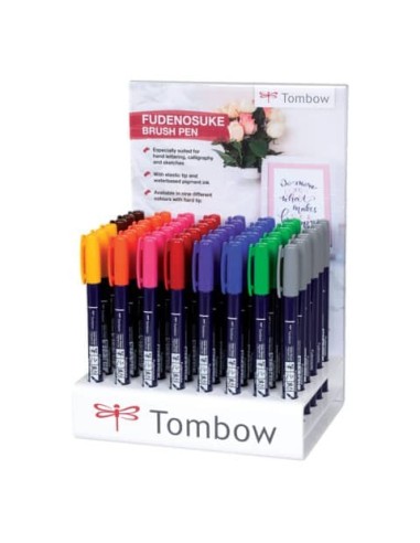 Espositore 48 marker calligrafico Tombow Fudenosuke Fluo punta brush - 6 colori assortiti fluo - PWS-BH-48P-2-A