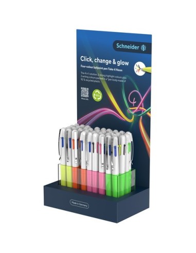Espositore 36 penne a sfera 4 colori Schneider Take 4 Neon tratto M - colori fusto assortiti Neon - P307212