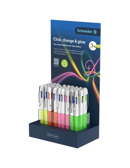 Espositore 36 penne a sfera 4 colori Schneider Take 4 Neon tratto M - colori fusto assortiti Neon - P307212