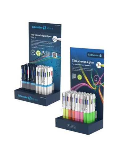 Espositore 72 articoli penne a sfera 4 colori Schneider Take 4 tratto M - colori fusto Neon + blu/bianco - P989014