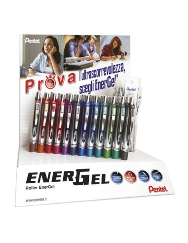Espositore 84 articoli di cui 42 penne roller a scatto Pentel Energel XM + 42 refill in omaggio colori assortiti -