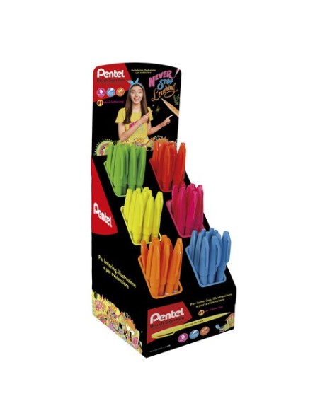 Espositore 60 pennarelli punta in fibra Pentel Brush Sign Pen Fluo colori assortiti - 0022473
