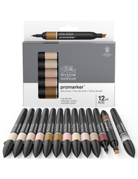 Pennarelli Winsor&Newton Promarker doppia punta fine-larga - conf. 12 pz toni carne + blender - 0290172