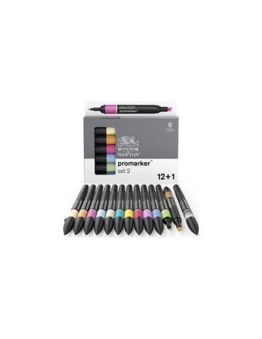 Pennarelli Winsor&Newton Promarker doppia punta fine-larga - conf. 12 pz colori assortiti + blender - 0290138