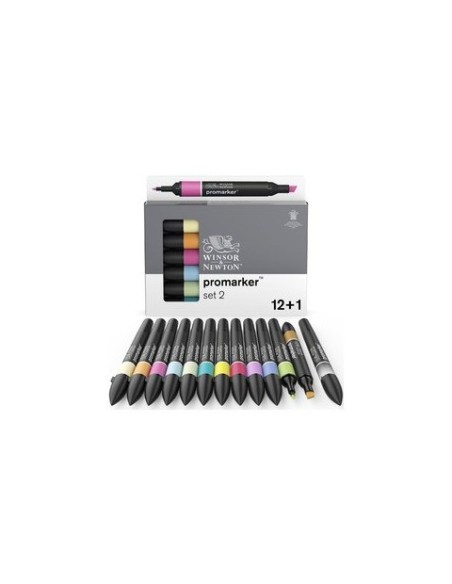 Pennarelli Winsor&Newton Promarker doppia punta fine-larga - conf. 12 pz colori assortiti + blender - 0290138