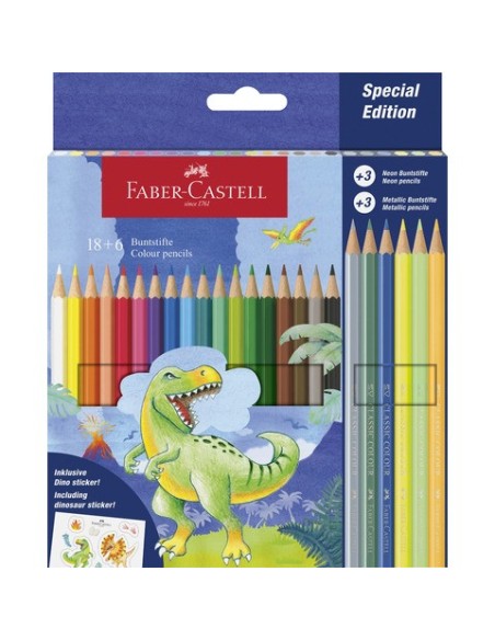 Matite colorate Faber-Castell fusto esagonale in conf. da 18 Classic dinosauro + 6 Metallic - 111222
