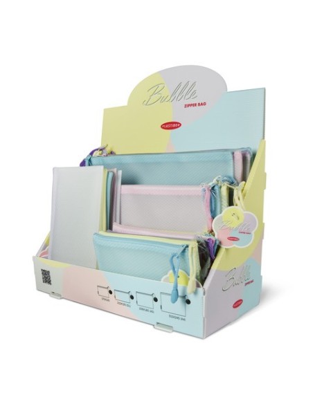 Espositore 40 buste Plastibor Bubble in EVA con zip cucita in tessuto - formati e colori pastello assortiti - P9431090